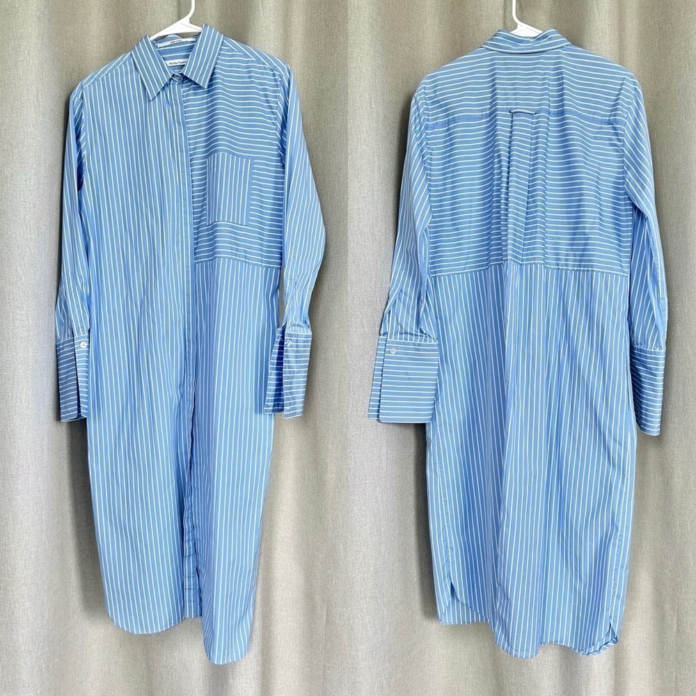 Another Tomorrow Cotton Stripped Blue White Belted Shirt Dress IT 40 US S (4) - Picture 3 of 14